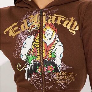 Ed Hardy Tiger Peak Zip Up Hoodie - Brown